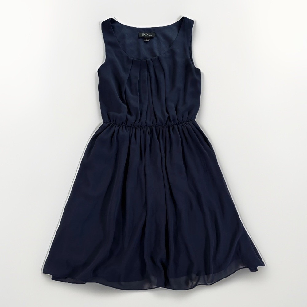 BCX Dress Fit and Flare Womens‎ XS Navy Blue Chiffon Sleeveless Wedding Guest